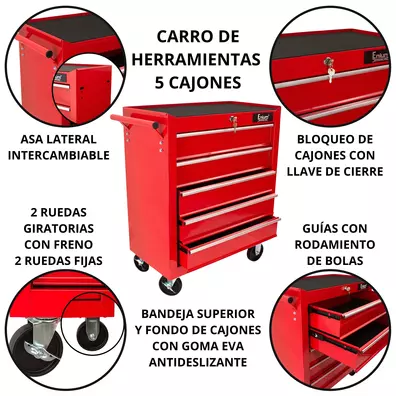 Carro de herramientas para taller 5 cajones rojo HCU5R