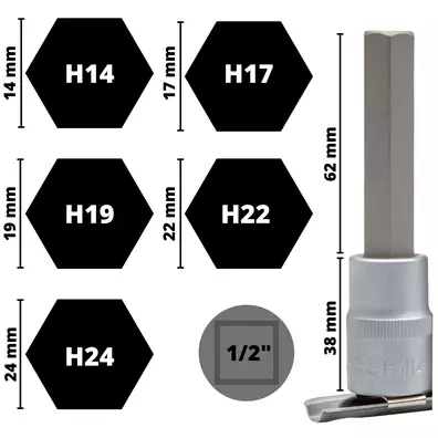 Puntas allen con llave vaso de 1/2" H14 a H24