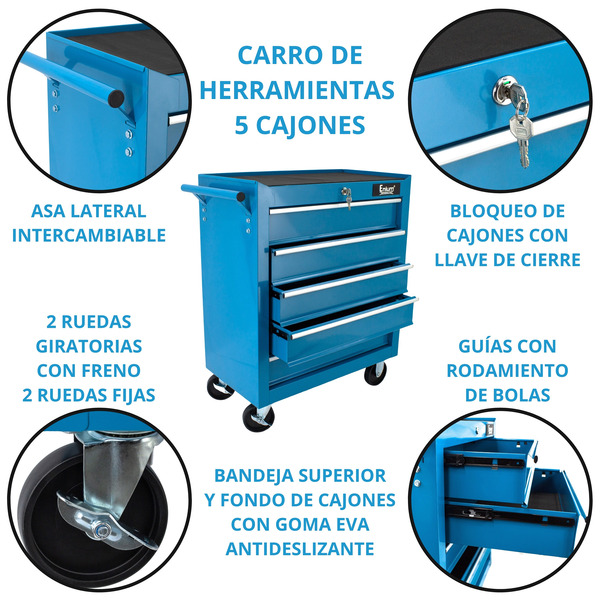 Carro de herramientas para taller 5 cajones azul HCU5B