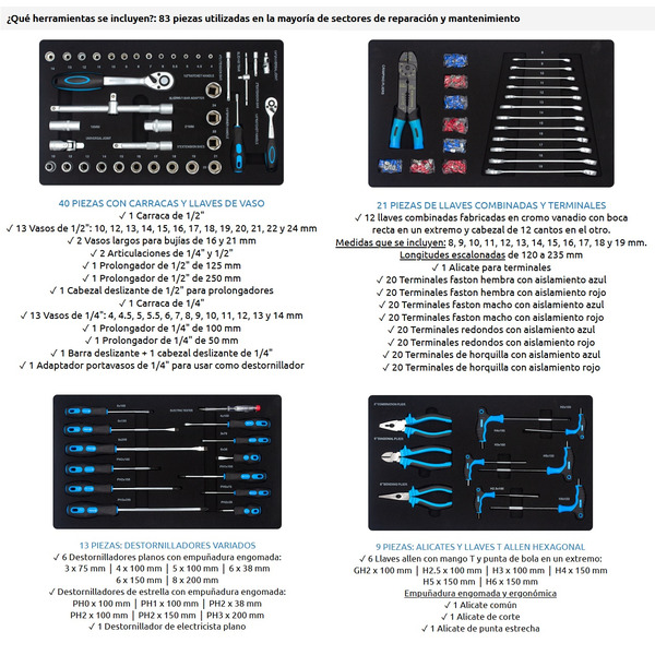 Carro de taller con 4 cajones y 1 compartimento. 83 herramientas