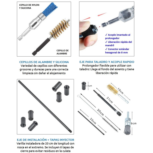 Limpiador de asientos de inyector con cepillos de alambre. 14 Pzs