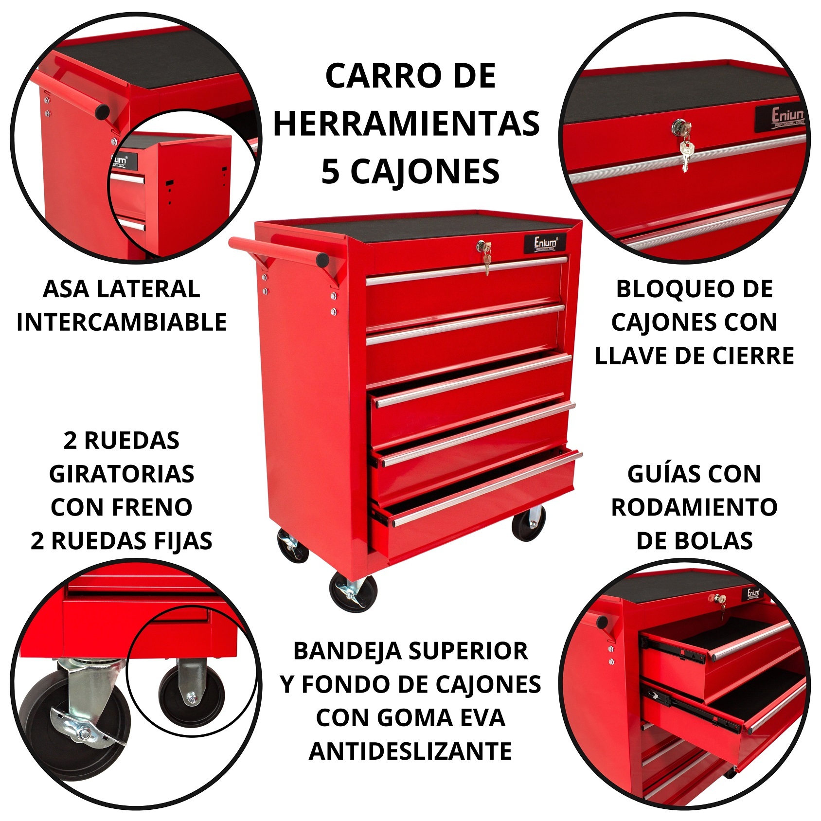 EN11048R Detalles técnicos carro rojo 5 cajones