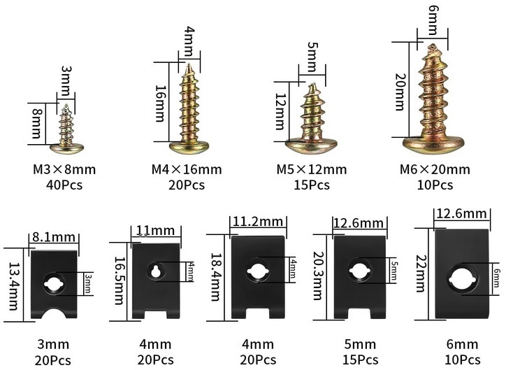 medidas y cantidades tornillos y clips