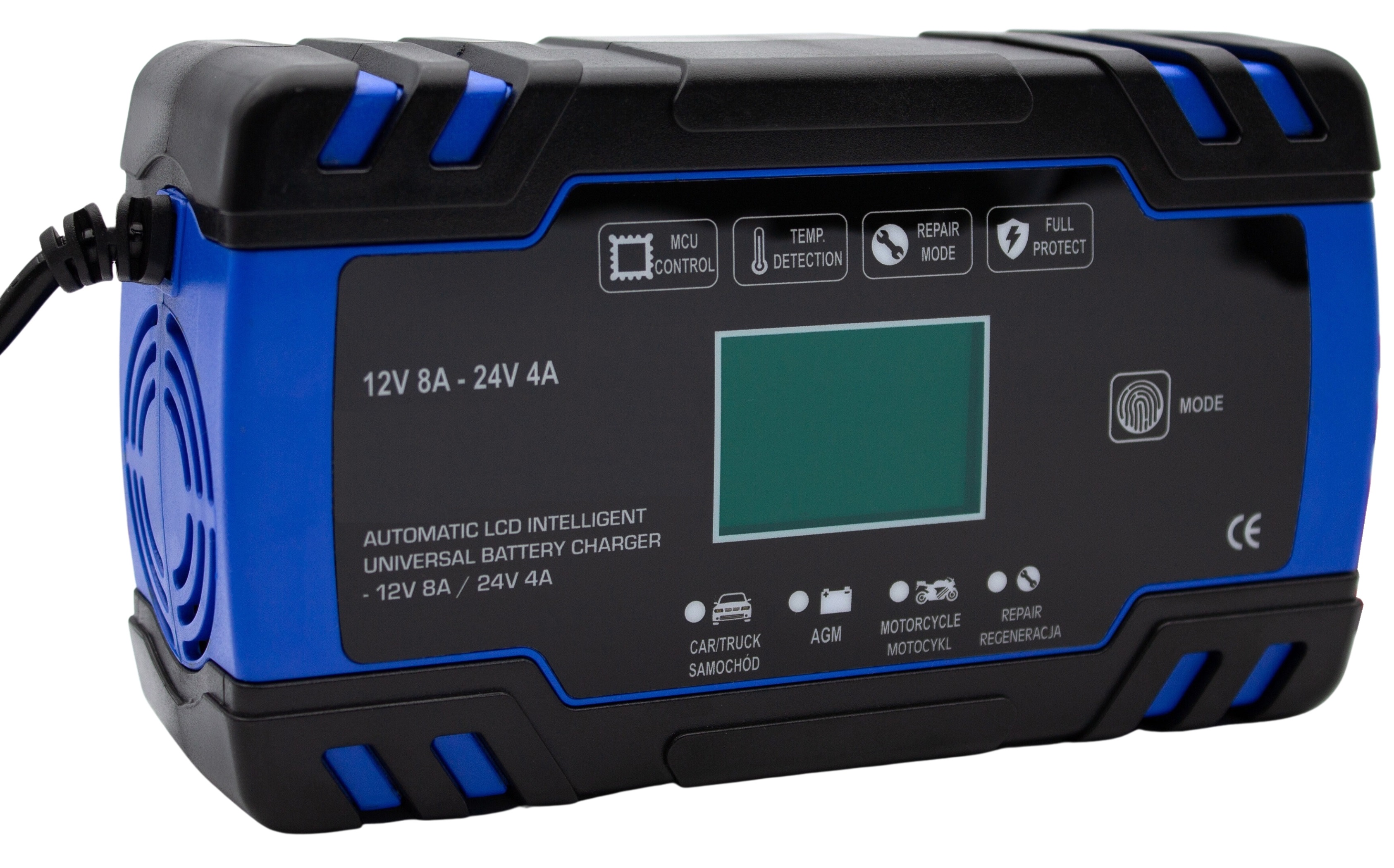 Cargador de batería de coche con 4 modos, cargador de batería de 24 V/12 V,  cargador de batería LCD 4A/8A que cambia automáticamente de carga rápida a